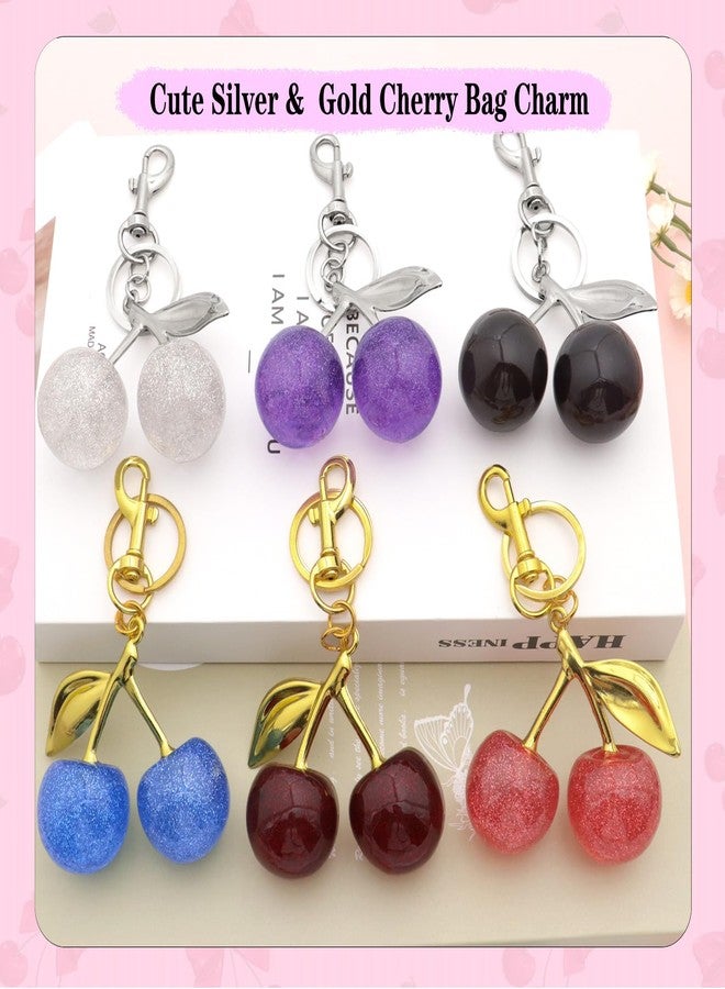 ANDGING Cute Glitter Cherry Purse Bag Charm Set 6 pcs Bling Cherry Keychain for Women Gold Silver Pink Red Black Cherries Purse Charms for Handbags Key Chain Accessories Handbag Backpack Llavero De Cereza - Image 2
